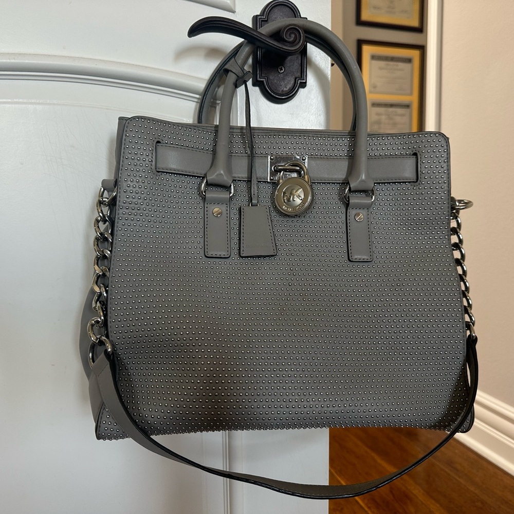 Michael Kors RARE Hamilton Studded Large Grey Tote + MK Dust bag MSRP $558 EUC